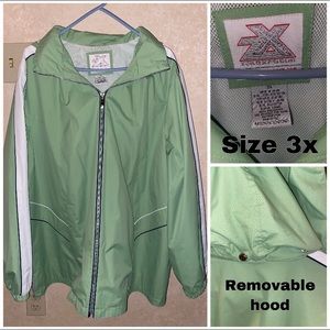 Mint green thin jacket with removable hood.